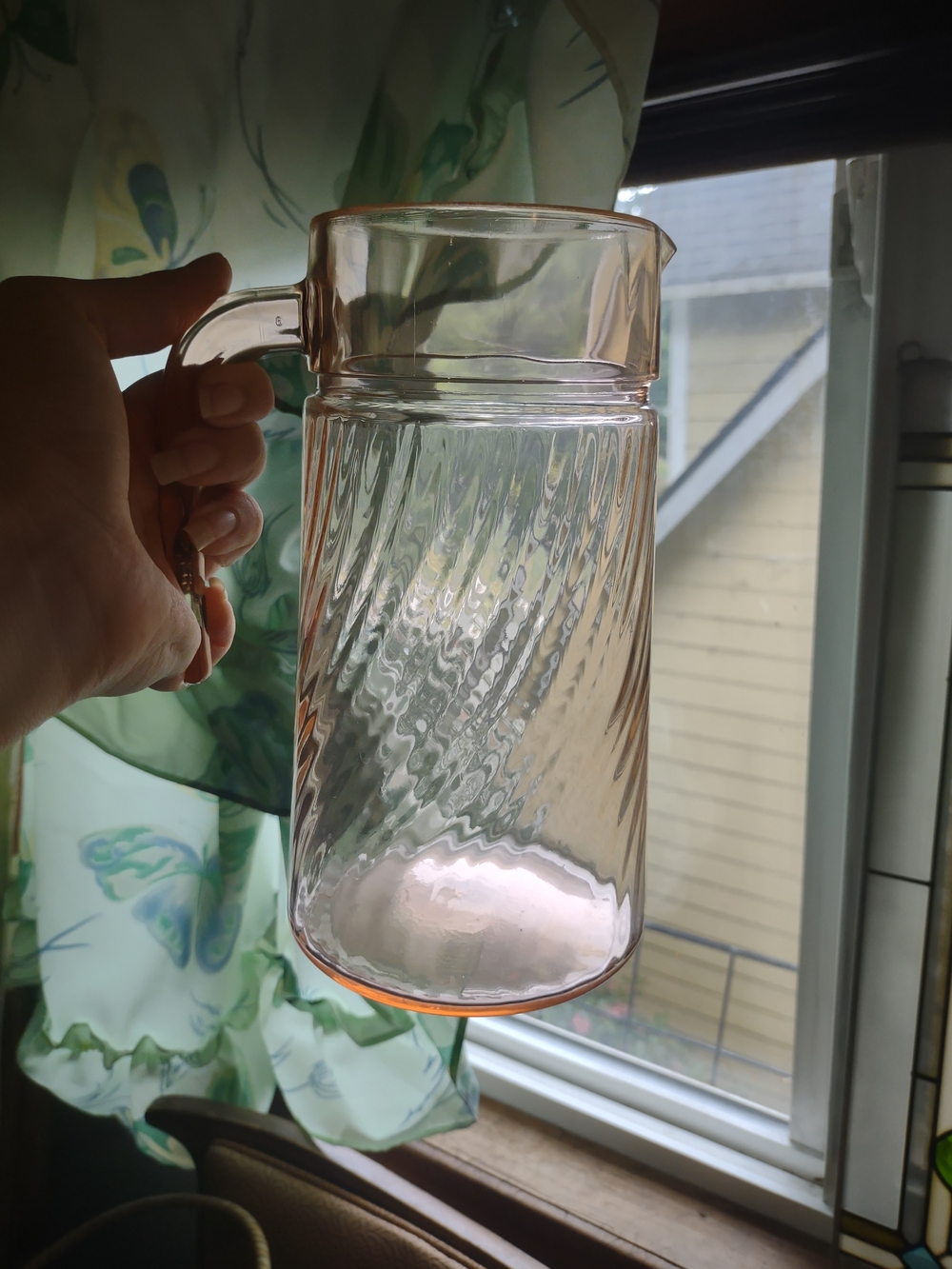 Delicate Pink Swirl Glass Pitcher with Handle